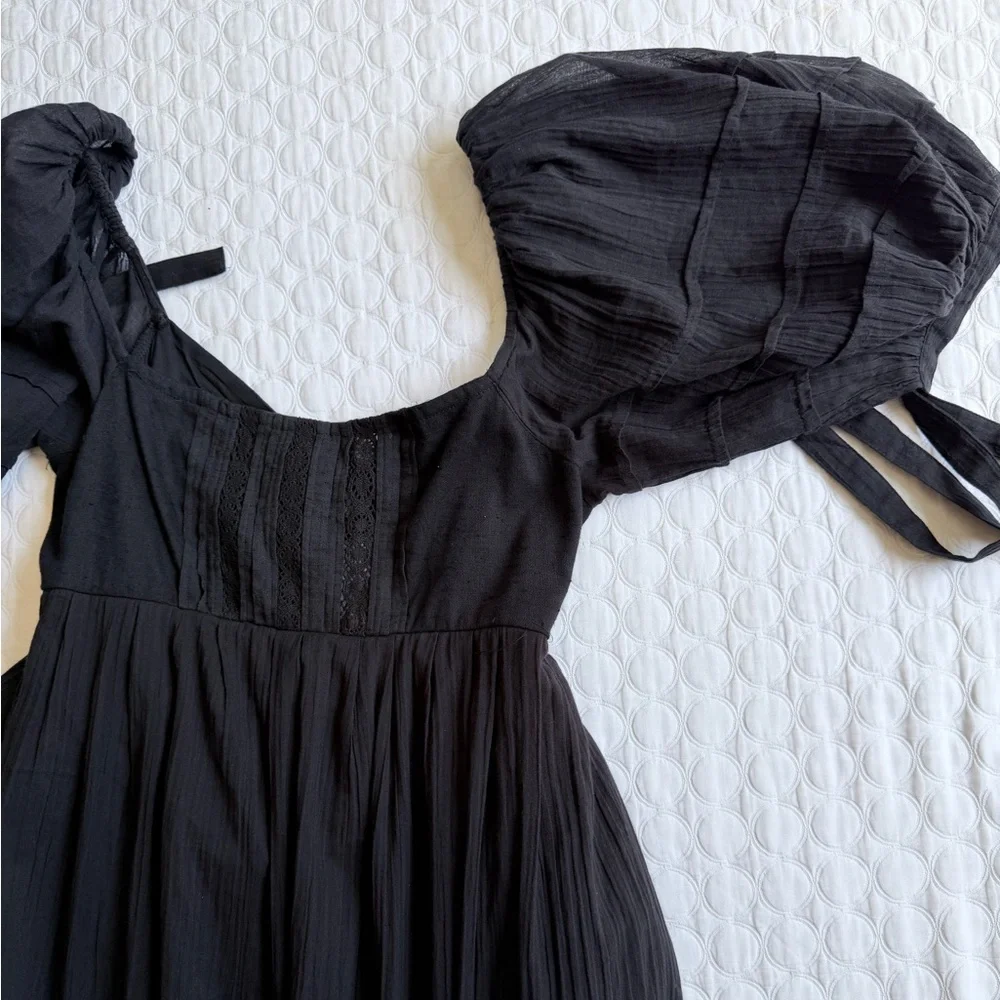 Free People Let’s Be Friends Black Summer Midi Dress Women’s Size S Puff Sleeve - Picture 7 of 16